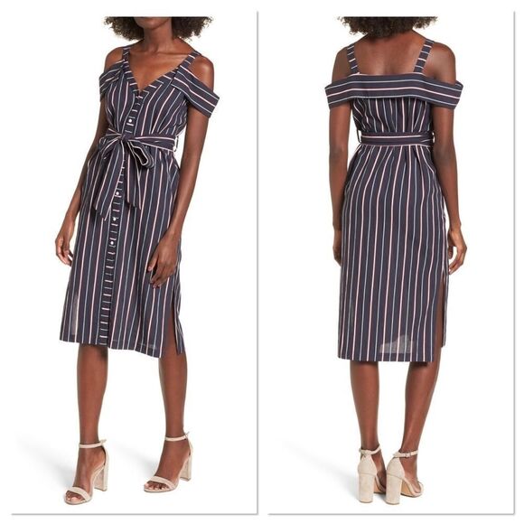 Lush Blue Stripe Cotton Cold Shoulder Dress (G5) - Picture 1 of 7